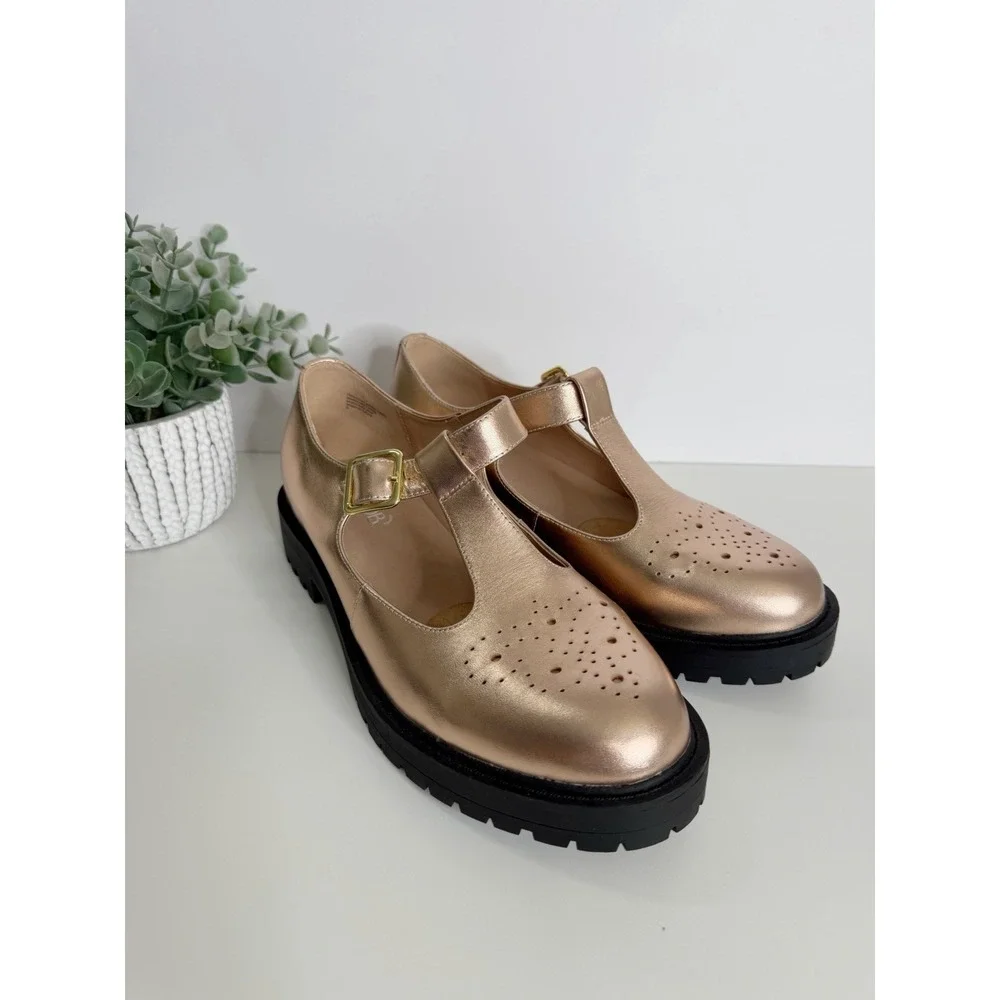 NEW WYDR Studios T-Strap Lug Mary Jane Metallic Rose Leather Shoes Size 9 - Picture 2 of 13